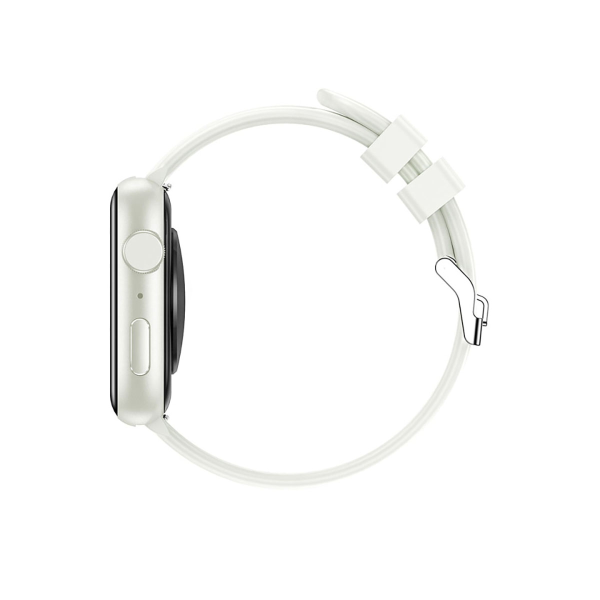 Biały smartwatch z białym paskiem. Zegarek jest widoczny z boku.