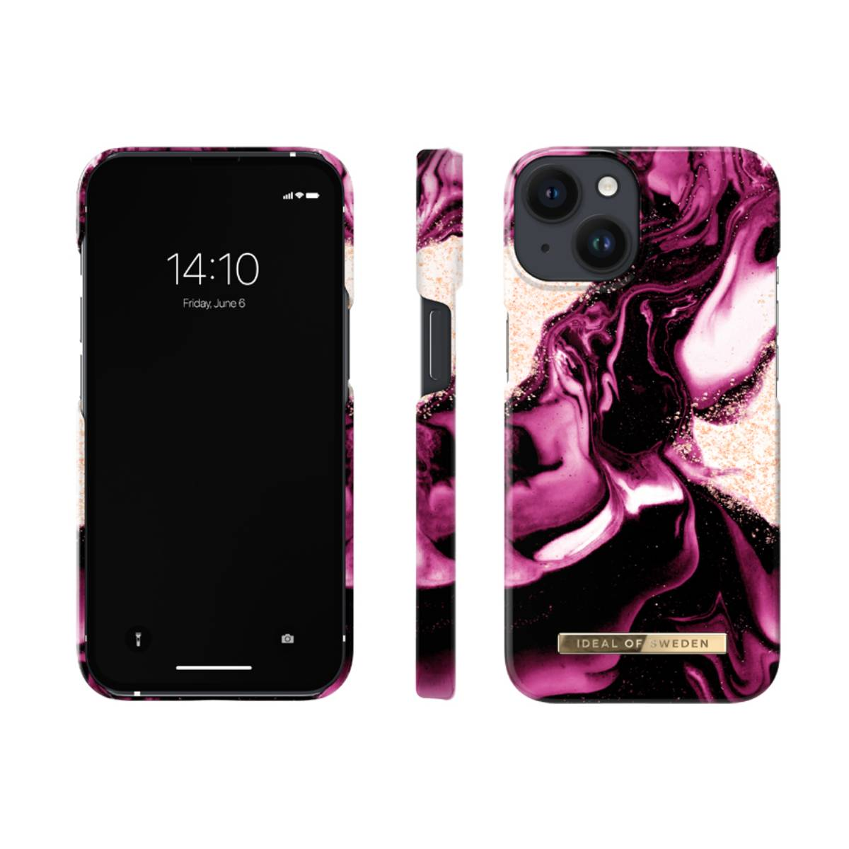Telefon mit Hülle. Rosa und schwarzes Marmordesign. Marke Ideal of Sweden. Zeit 14:10.