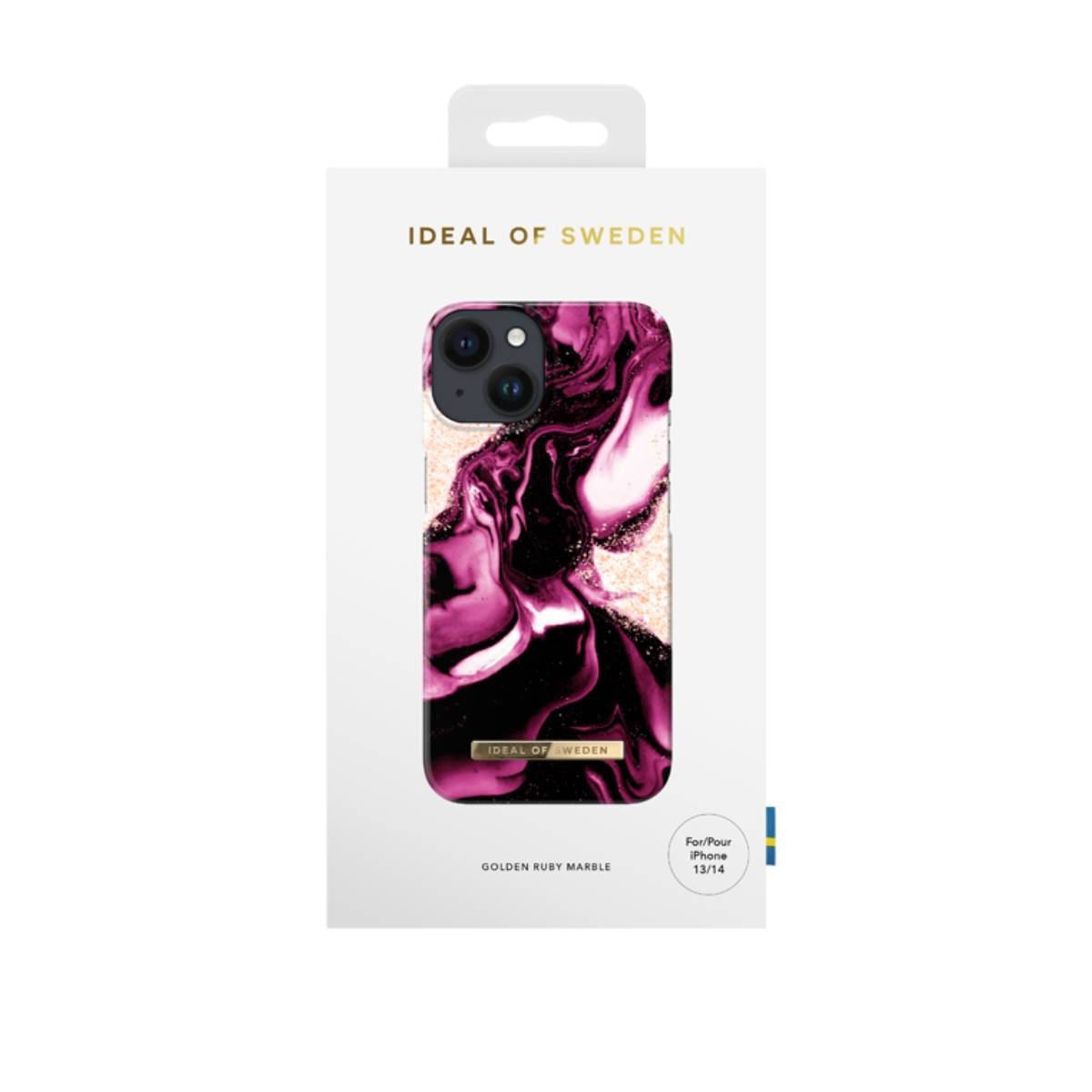Eine Handyhülle mit rosa-weißem Marmormuster. Auf der Hülle steht Ideal of Sweden und hat einen goldenen Akzent.