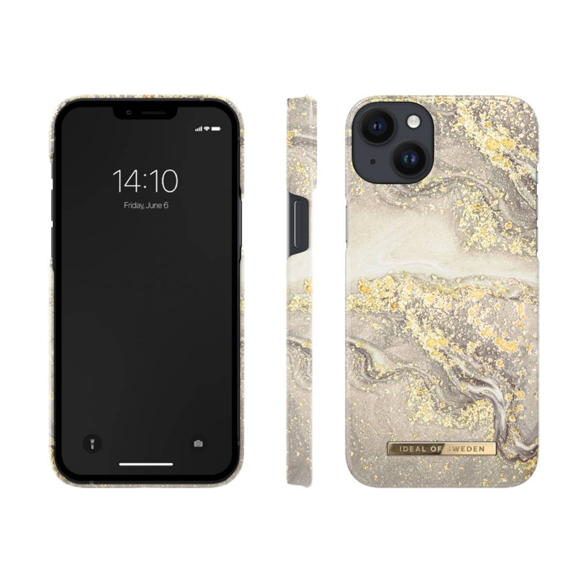 Telefon und Hülle. Graues Marmordesign mit goldenen Akzenten. Marke Ideal of Sweden. Zeit 14:10.