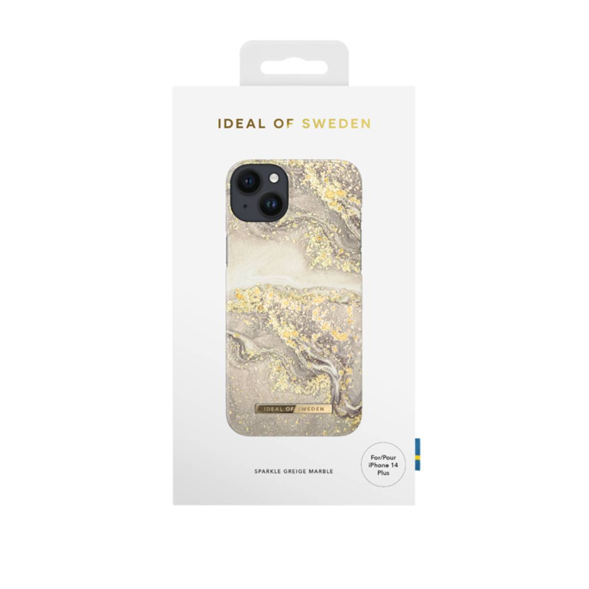 Handyhülle in einer Box. Marmordesign mit goldenen Akzenten. Markenname Ideal of Sweden.