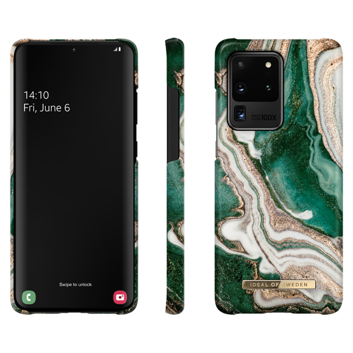 Tre viste di un telefono in una custodia di marmo verde e oro. Lo schermo mostra ora e data.