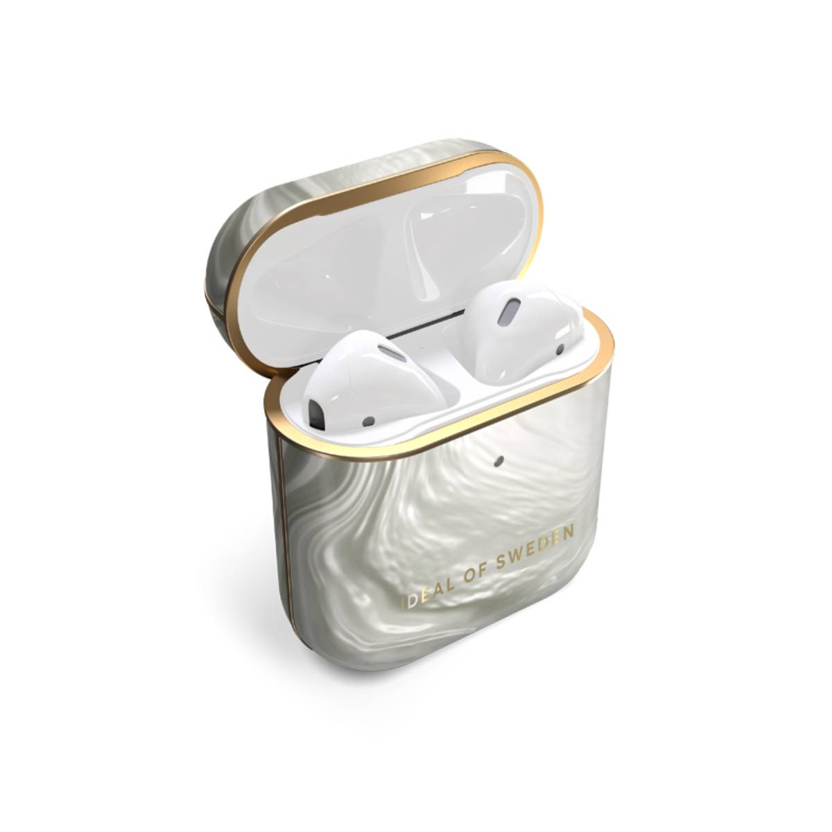 Estuche AirPods marmoleado blanco y dorado abierto. AirPods blancos dentro. Borde dorado y texto IDEAL OF SWEDEN.