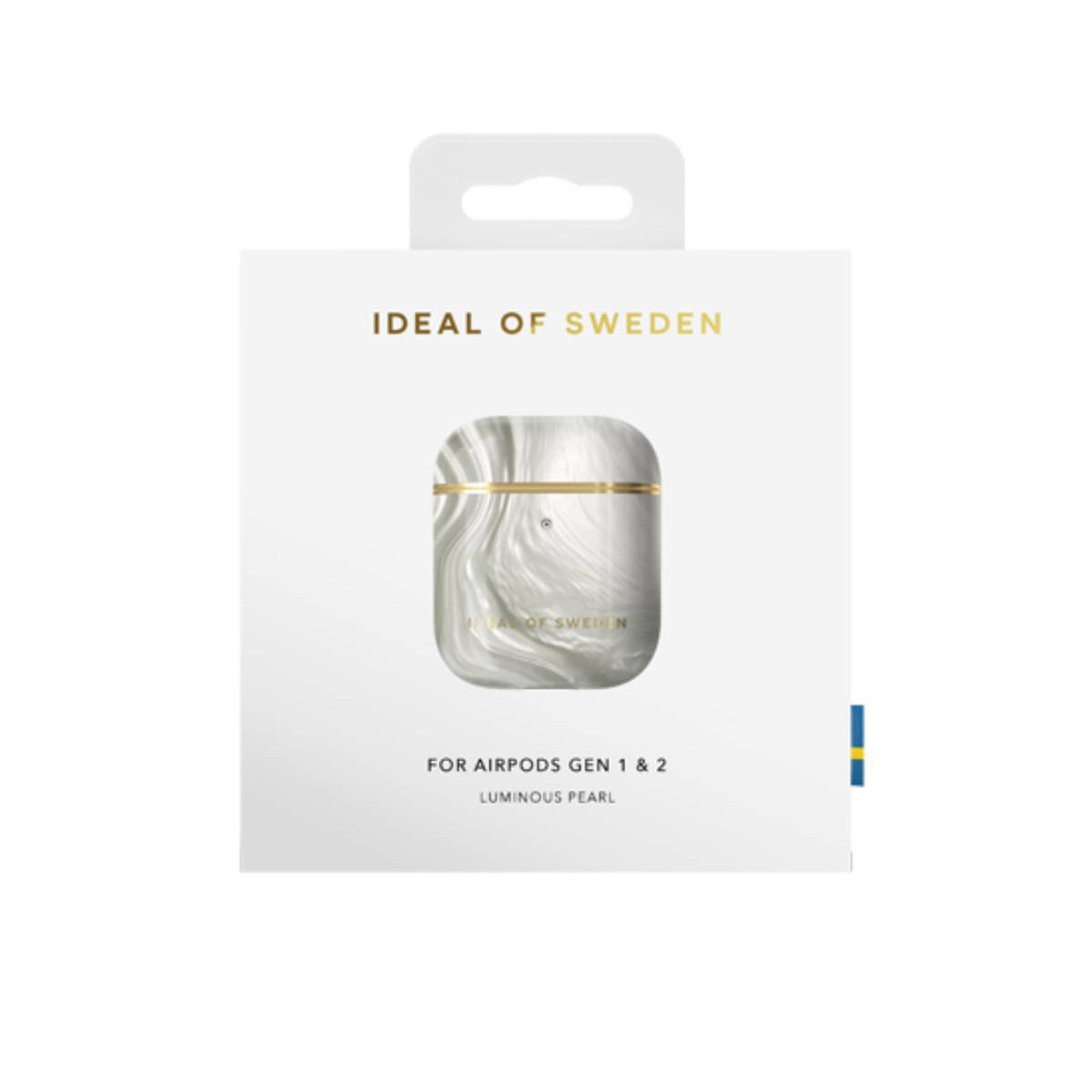 Estuche de auriculares en embalaje. Diseño de mármol blanco. Marca Ideal of Sweden.
