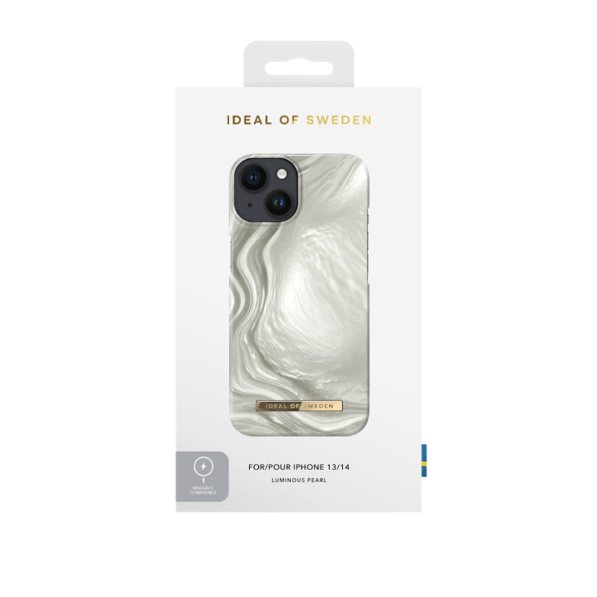 Telefono nella confezione. Design in marmo bianco. Marchio Ideal of Sweden. Per iPhone 13/14.