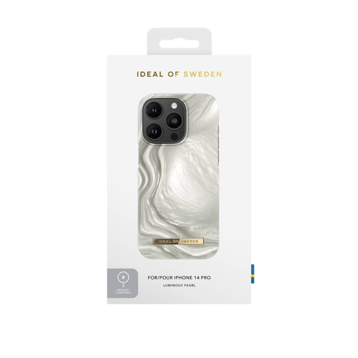 Confezione di una custodia per telefono. Scatola bianca con custodia visibile, testo e logo IDEAL OF SWEDEN. Design Luminous Pearl.