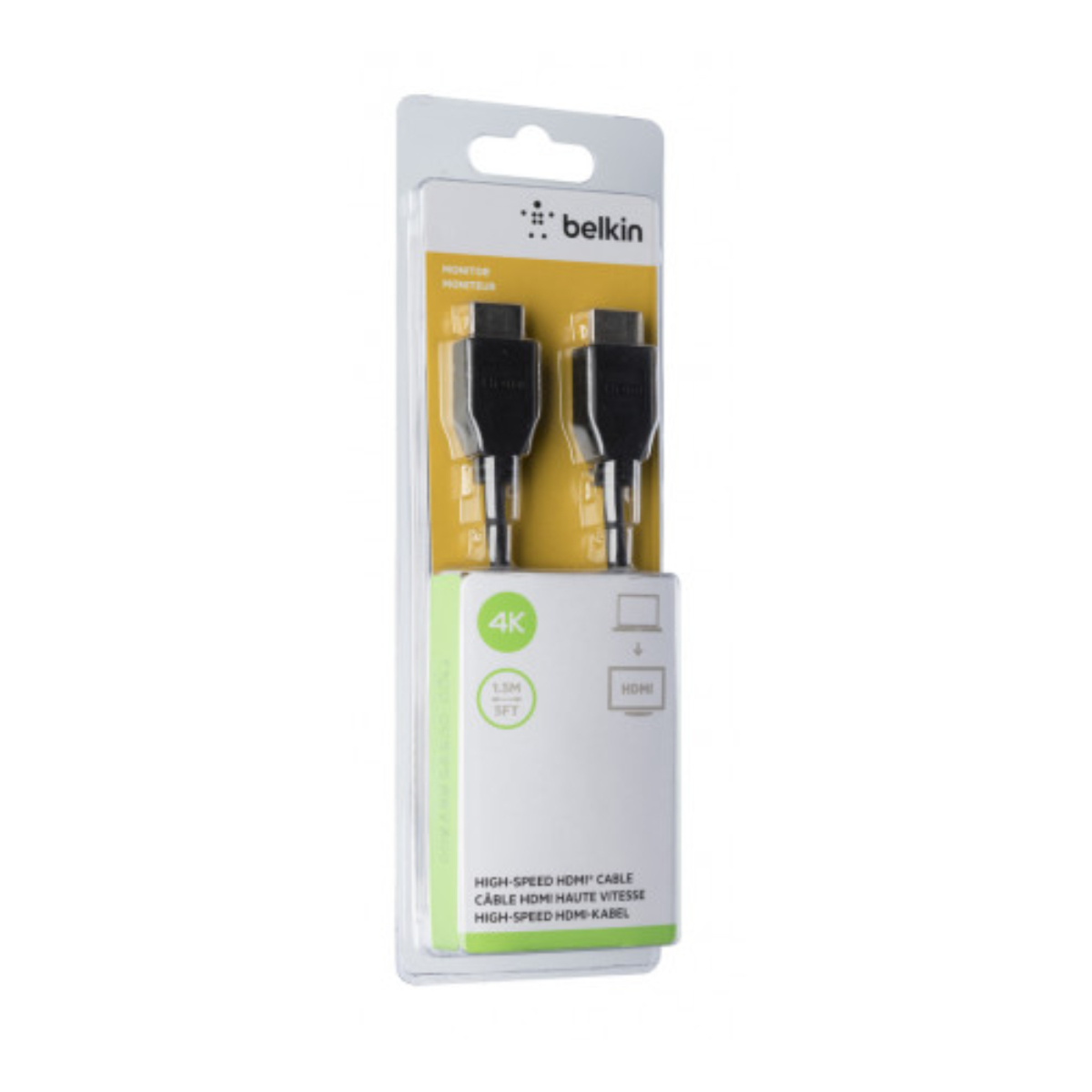 Confezione cavo HDMI Belkin. Connettori neri e cavo bianco. Testo: Cavo HDMI ad alta velocità.
