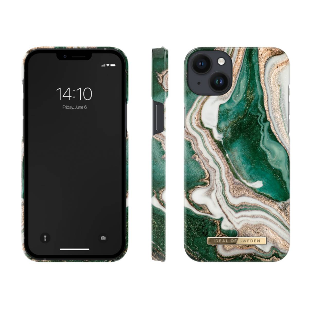 Ein Telefon mit einer grünen Marmorhülle. Das Telefon zeigt die Uhrzeit an. Die Hülle hat goldene Akzente.