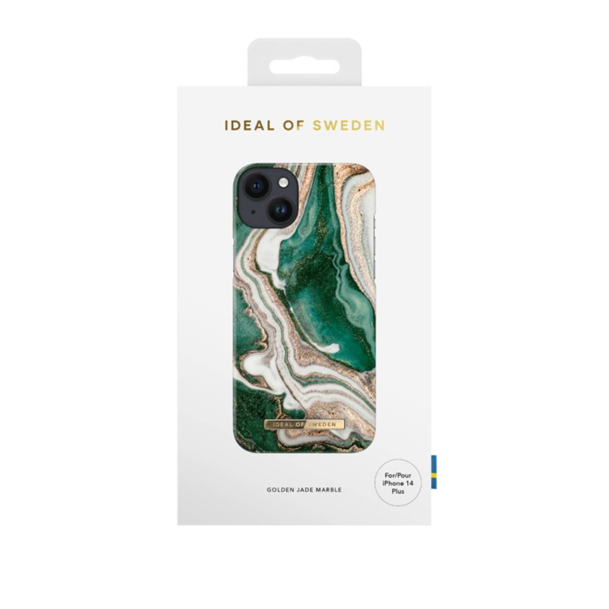 Telefonhülle in einer Box. Die Hülle ist grüner Marmor mit Gold. Auf der Box steht Ideal of Sweden.