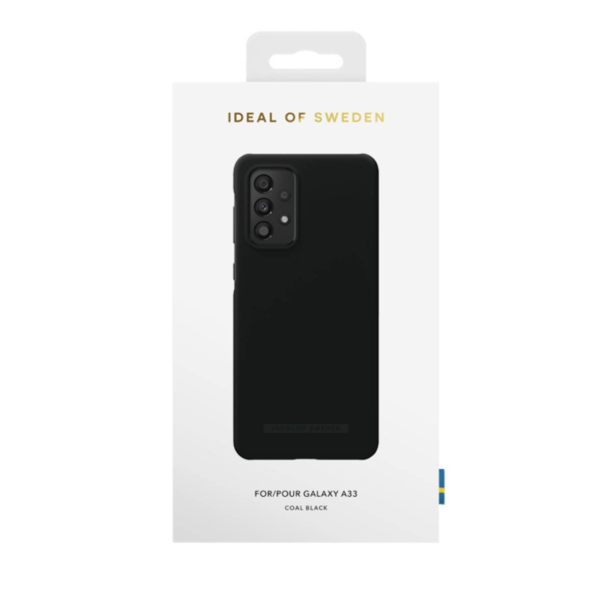 Custodia nera per telefono con tre fori per fotocamera e testo IDEAL OF SWEDEN. Per il modello Galaxy A33.