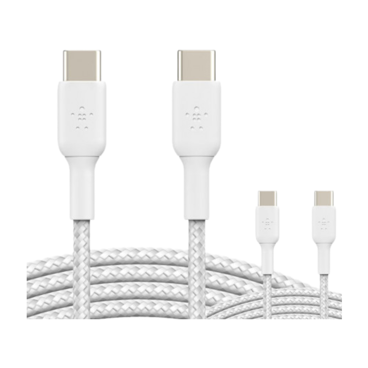 Białe kable USB-C o splocie. Dwa kable są podłączone. Białe tło.