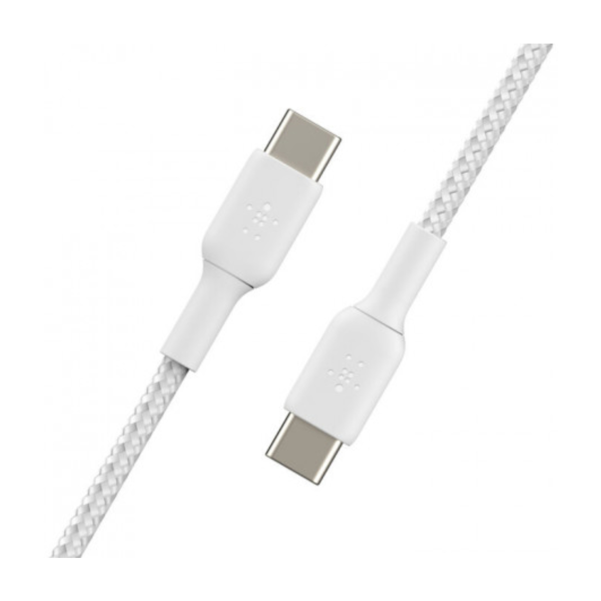 Biały pleciony kabel USB-C Belkin. Dwa złącza USB-C. Białe tło.
