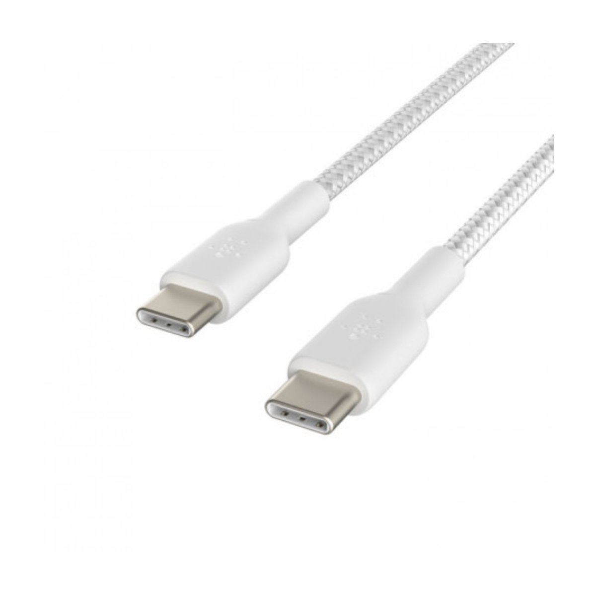 Biały kabel USB-C z białymi końcówkami. Kabel ma logo Belkin. Kabel jest na białym tle.