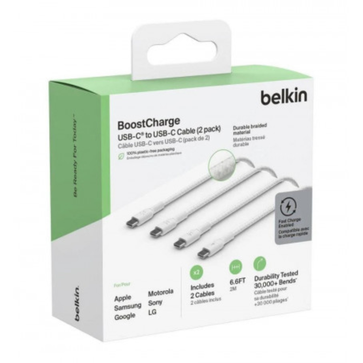 Pudełko z kablami Belkin. Białe kable z logo USB-C. Na pudełku napis BoostCharge.