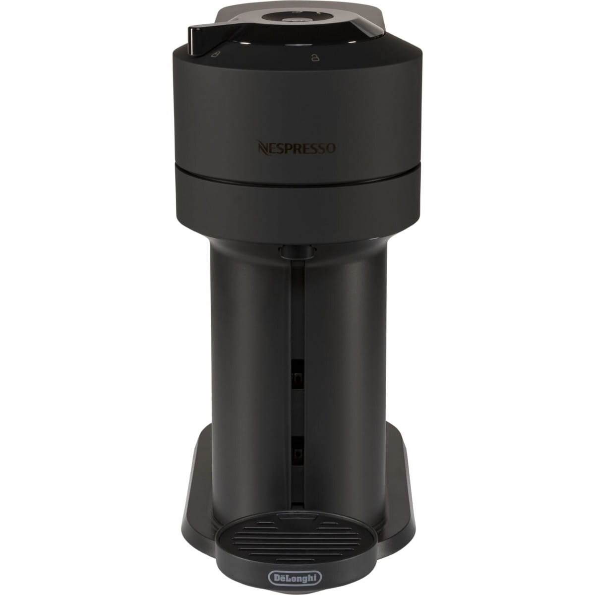 Cafetera Nespresso Delonghi negra. La parte superior tiene el logo de Nespresso.