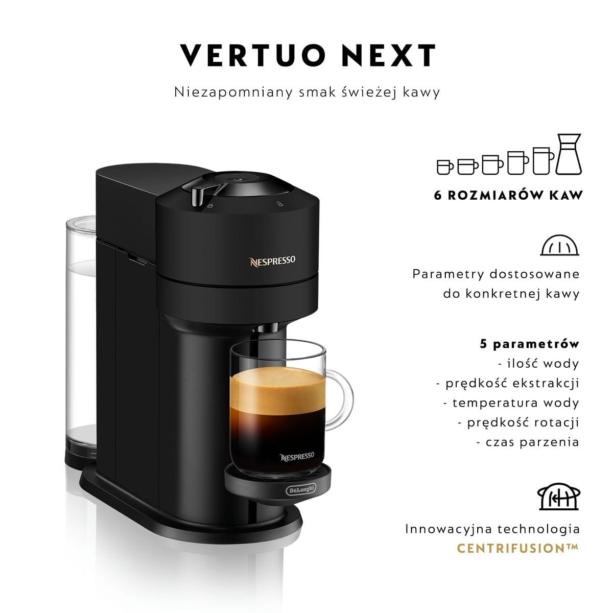 Máquina Nespresso Vertuo Next negra con café. Iconos de información y texto a la derecha.