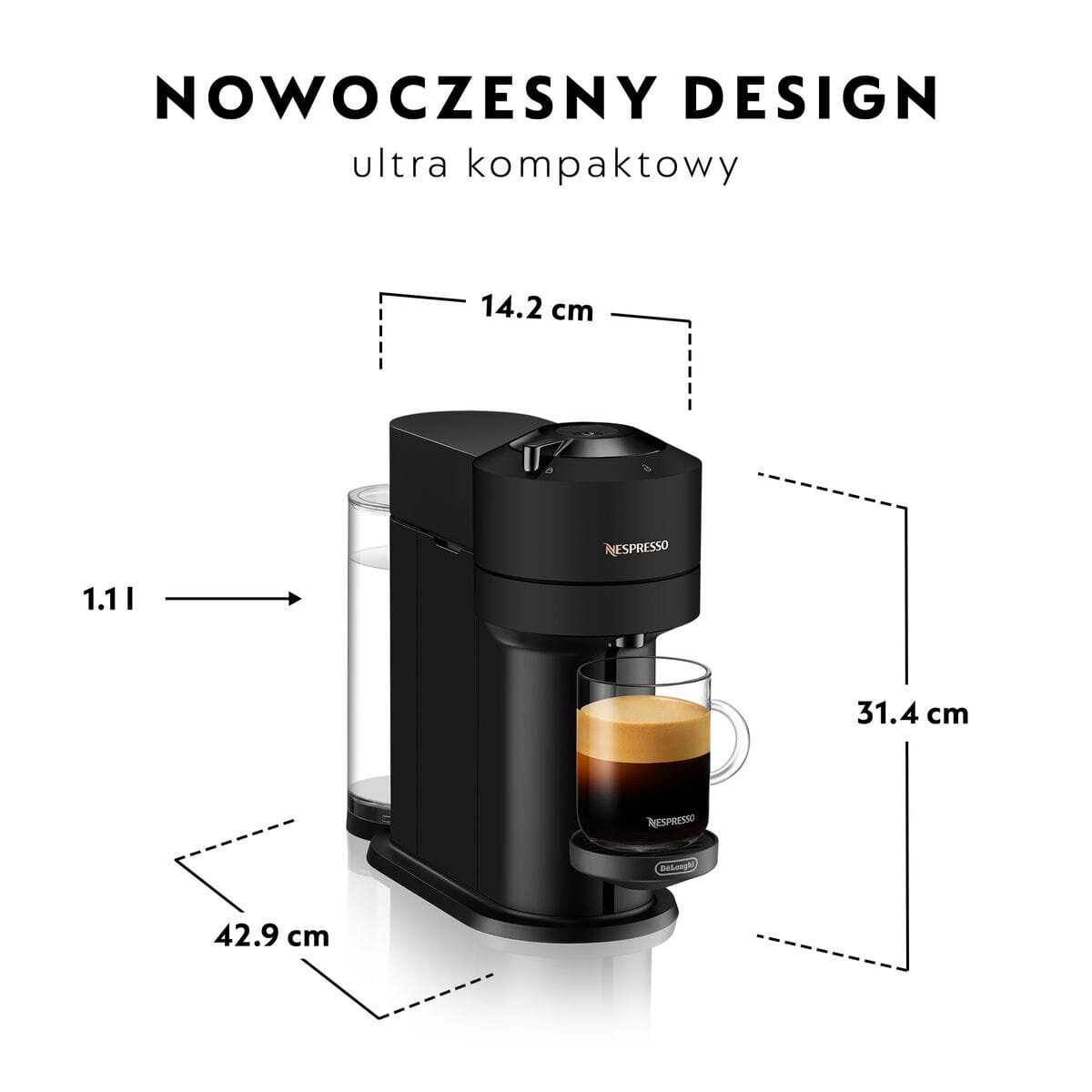 Máquina de café Nespresso Vertuo negra con una taza de café y dimensiones. El texto dice 'ultra compacto'.