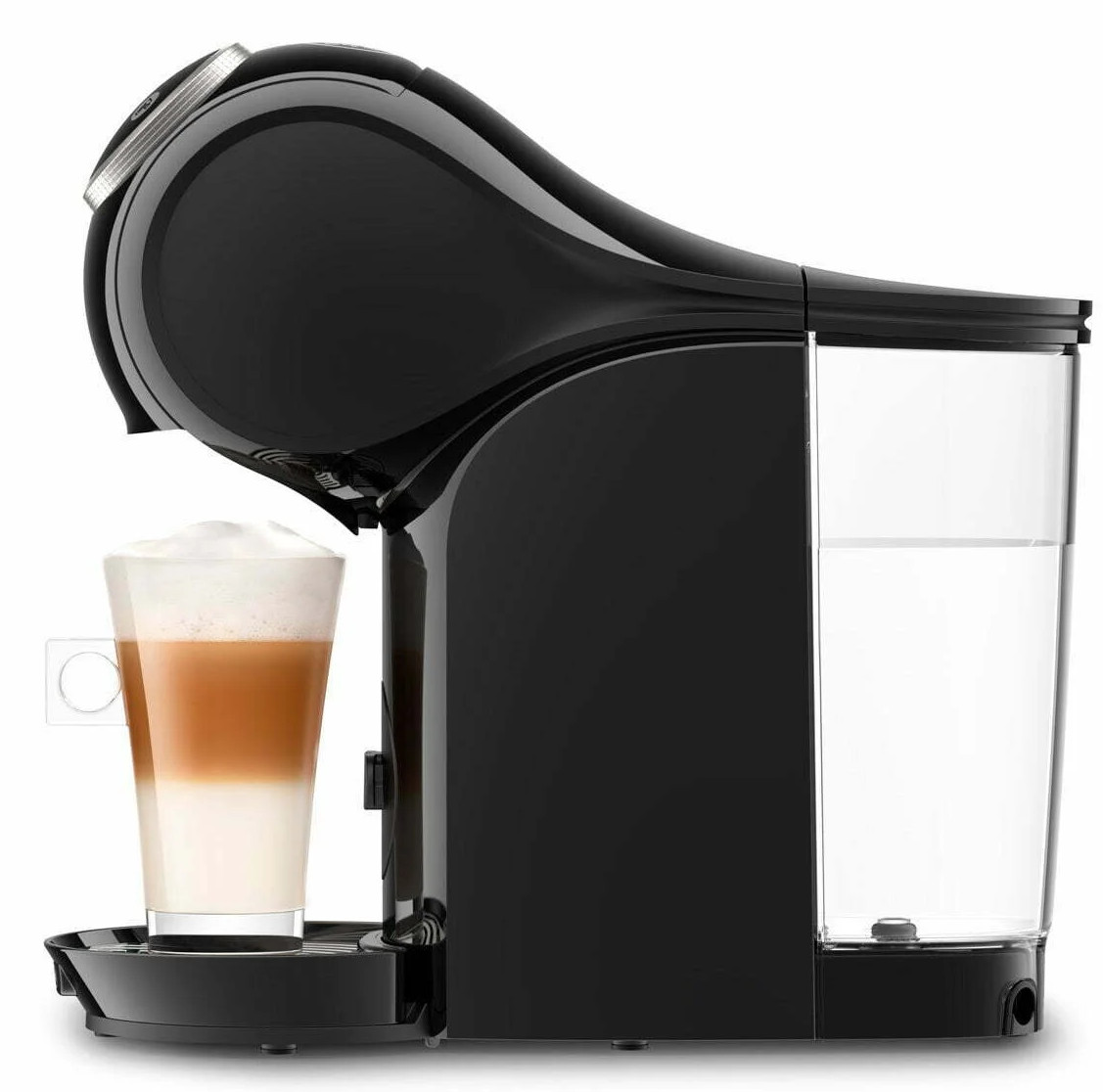 Czarny ekspres do kawy z latte w szklance. Pojemnik na wodę po prawej.