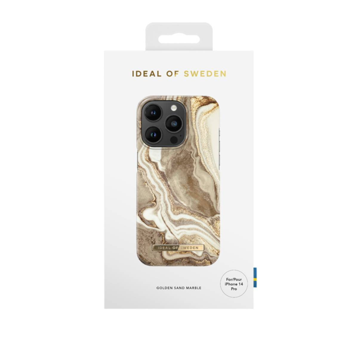 Telefonhülle in einer Schachtel, goldenes Sandmarmor-Design. Marke ist Ideal of Sweden.