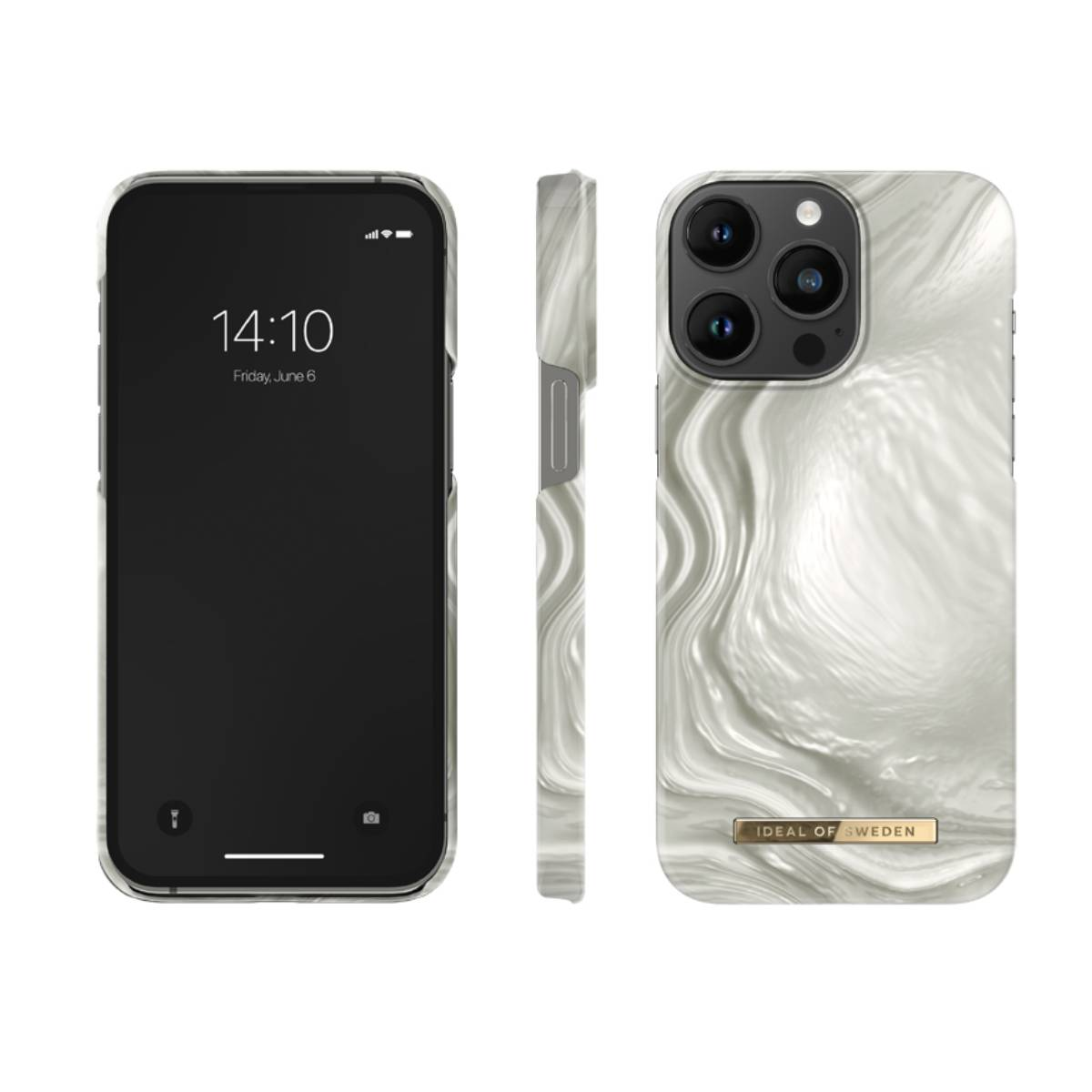 Telefono e tre viste di una custodia in marmo bianco. L'ora è 14:10, venerdì 6 giugno.