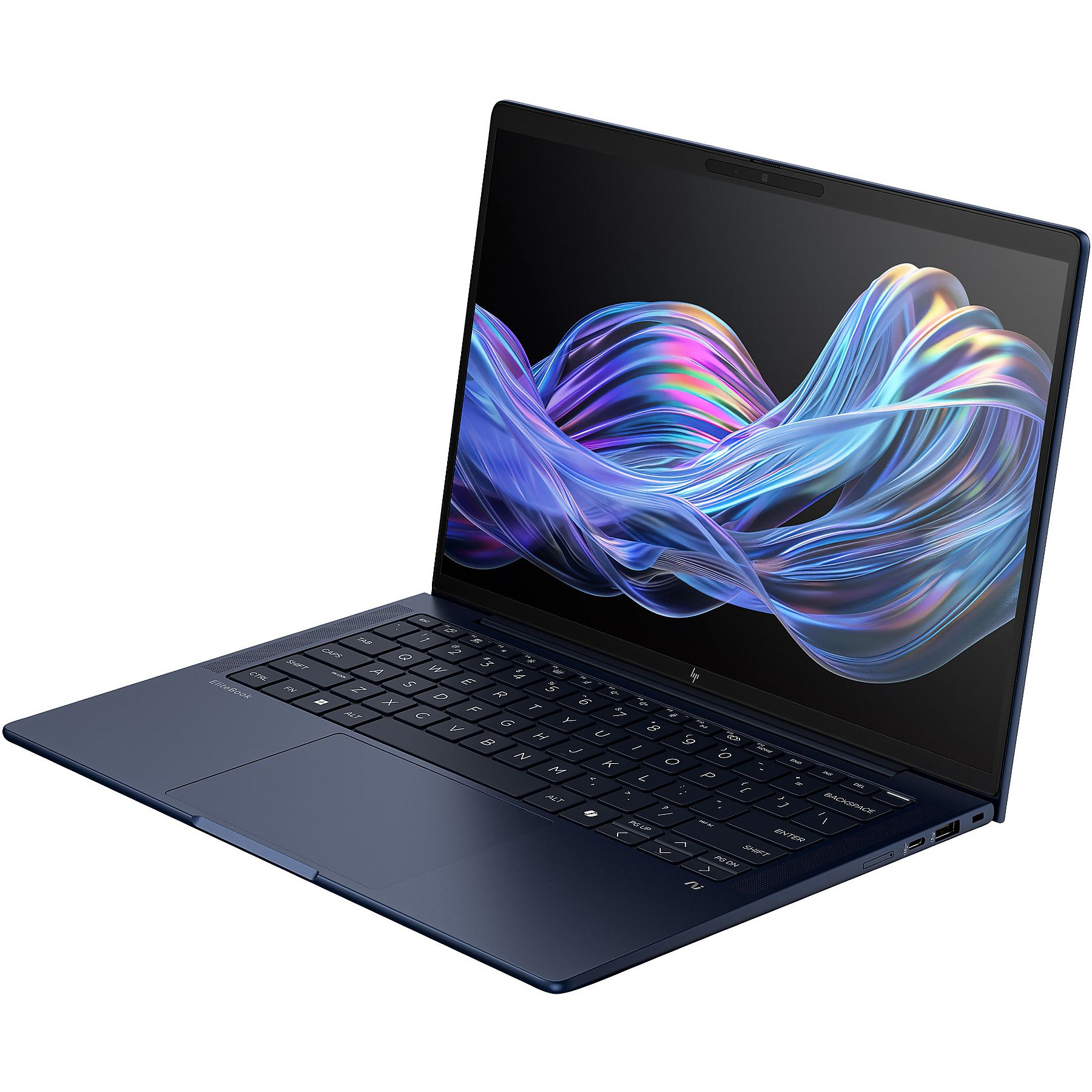 Computer portatile blu da un'angolazione. Ha un design astratto stilizzato sullo schermo.