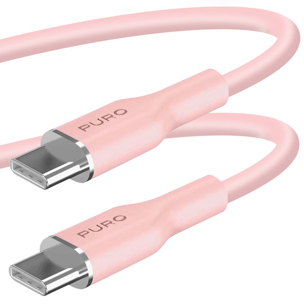 Różowy kabel USB-C z tekstem 'PURO', srebrne końce.