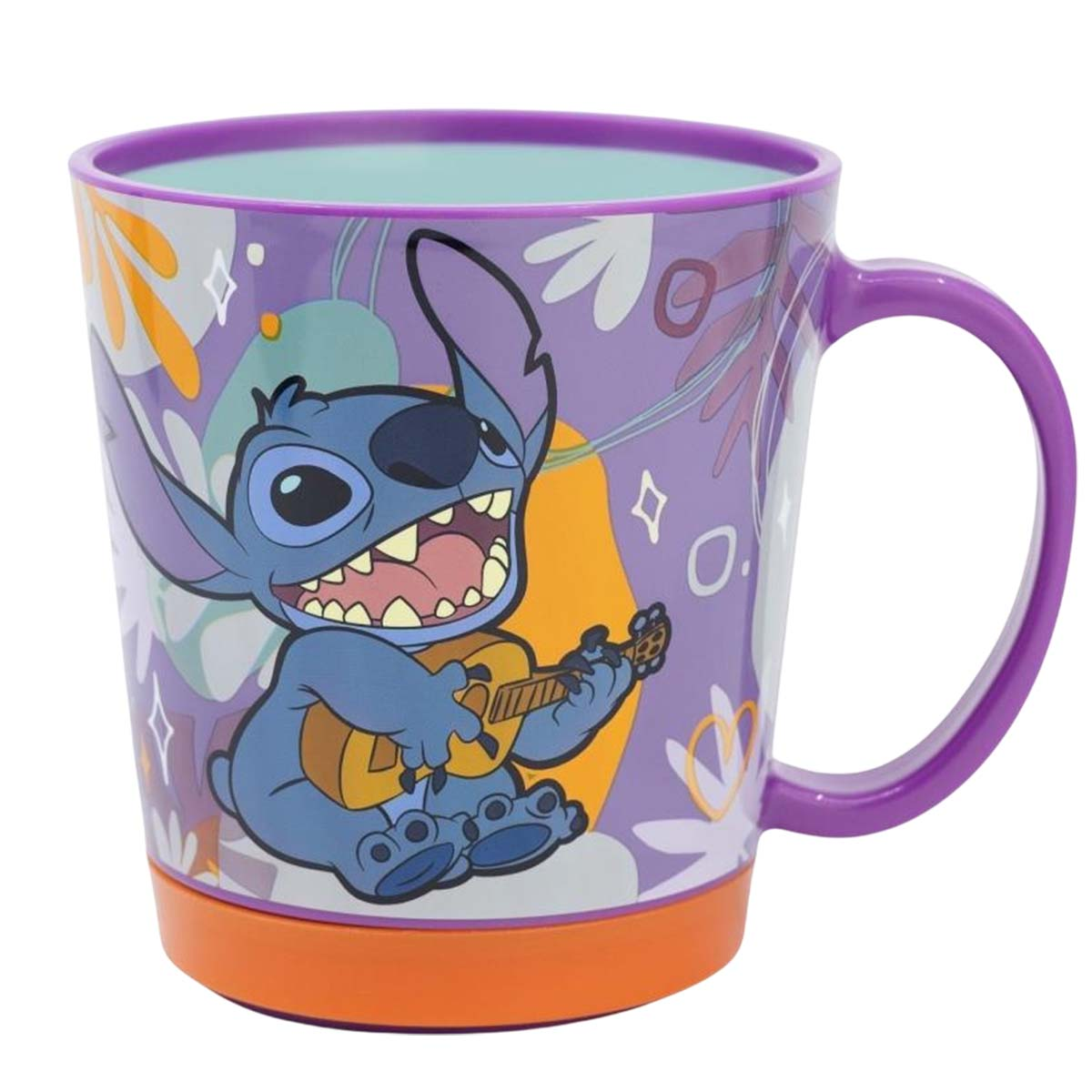 Stitch che suona la chitarra su una tazza, circondato da decorazioni viola e arancioni.