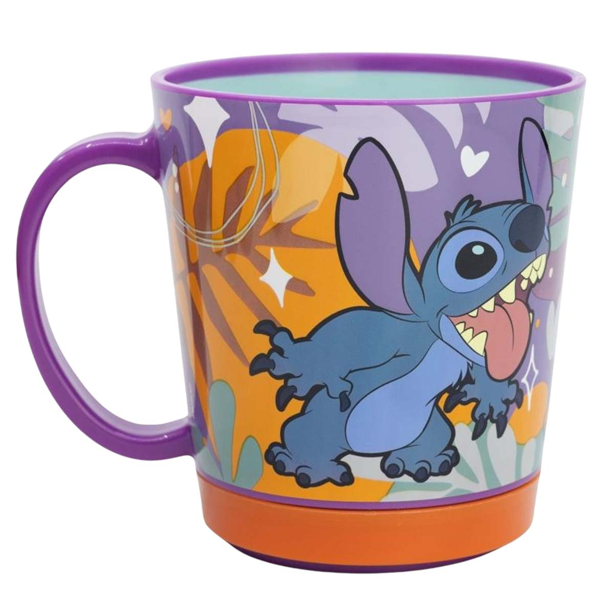 Personaggio Stitch su una tazza, sfondo arancione e viola.