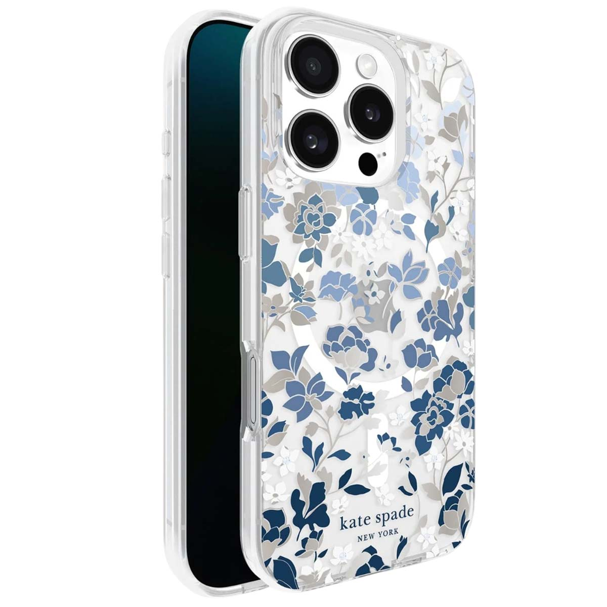 Handyhülle mit floralem Design in Blau und Weiß, transparenter Rand.