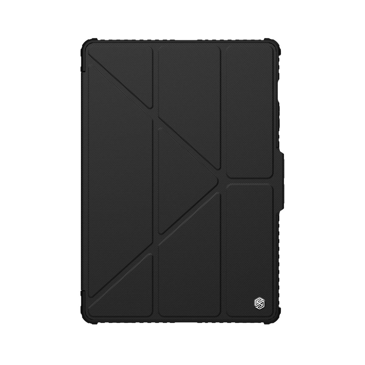 Custodia per tablet nera con esterno strutturato e design piegato.