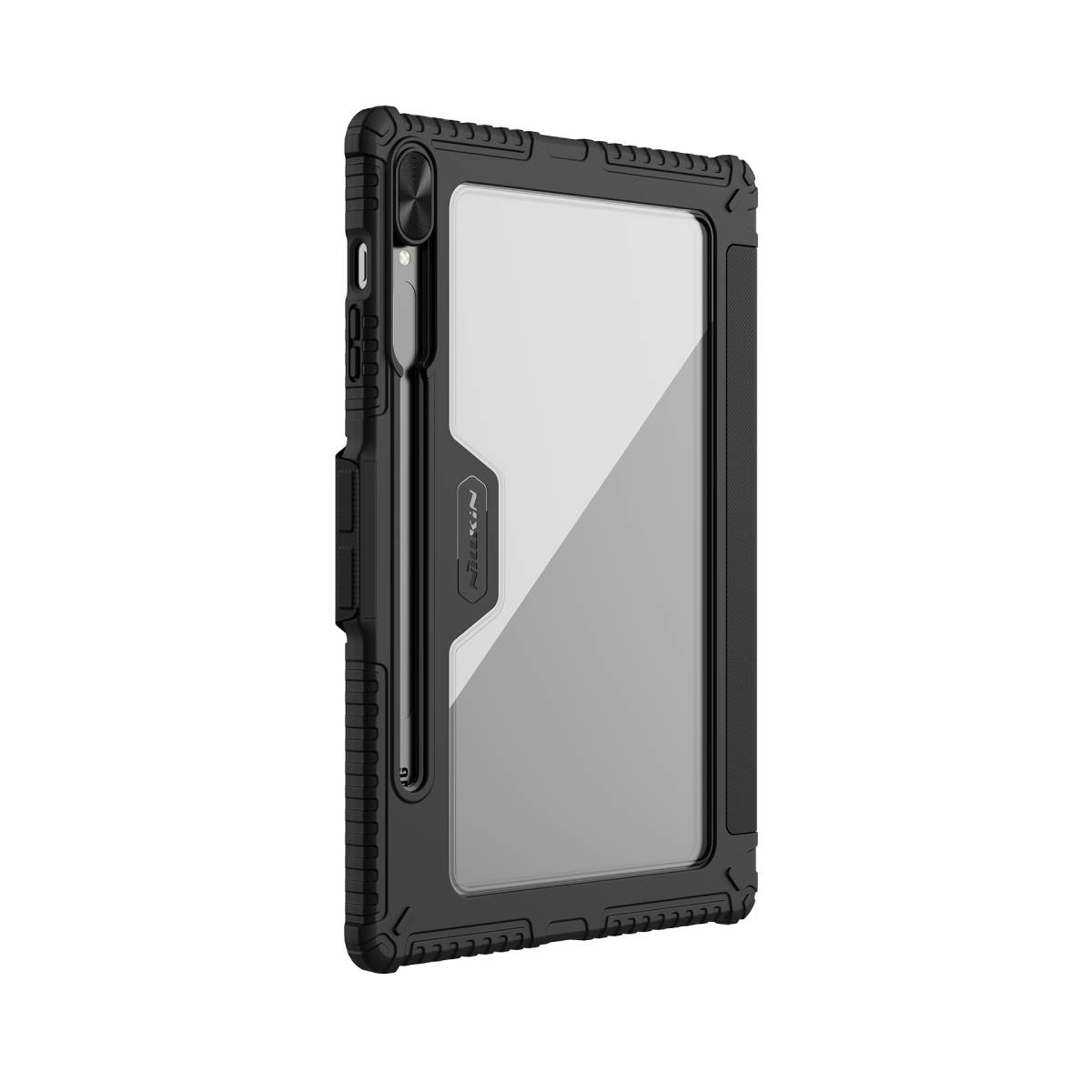 Custodia per tablet nera. Area schermo trasparente e spazio per stilo.