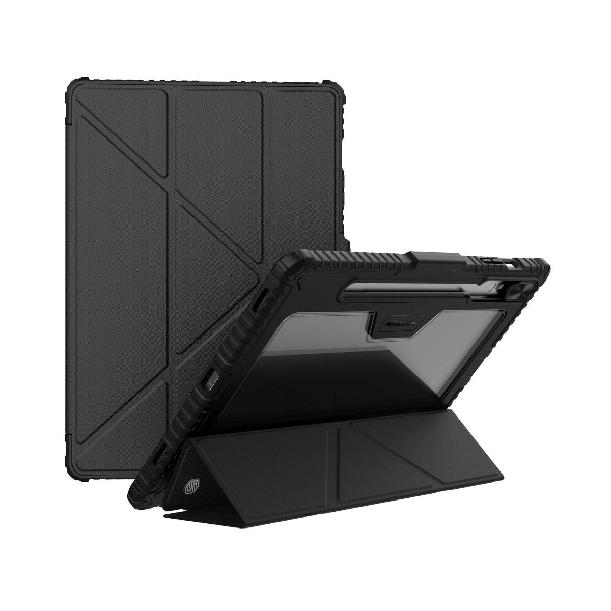 Custodia per tablet nera con esterno strutturato e design pieghevole per la funzione stand.