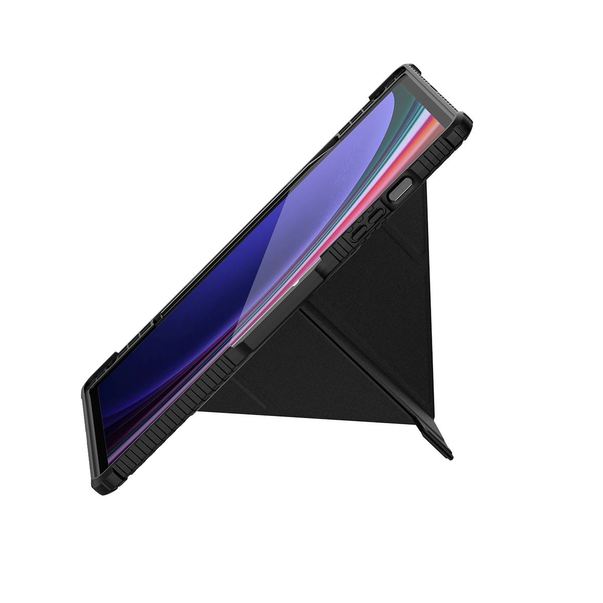 Tablet nero con schermo su un supporto. Custodia nera che protegge il tablet.