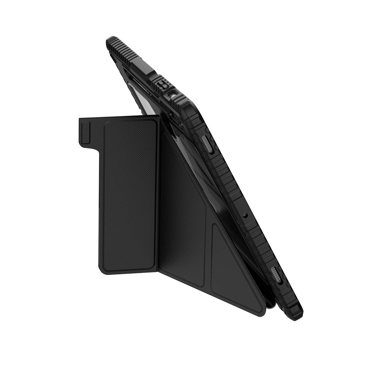 Tablet nero con custodia protettiva. La custodia è aperta, sostenendo il tablet ad angolo.
