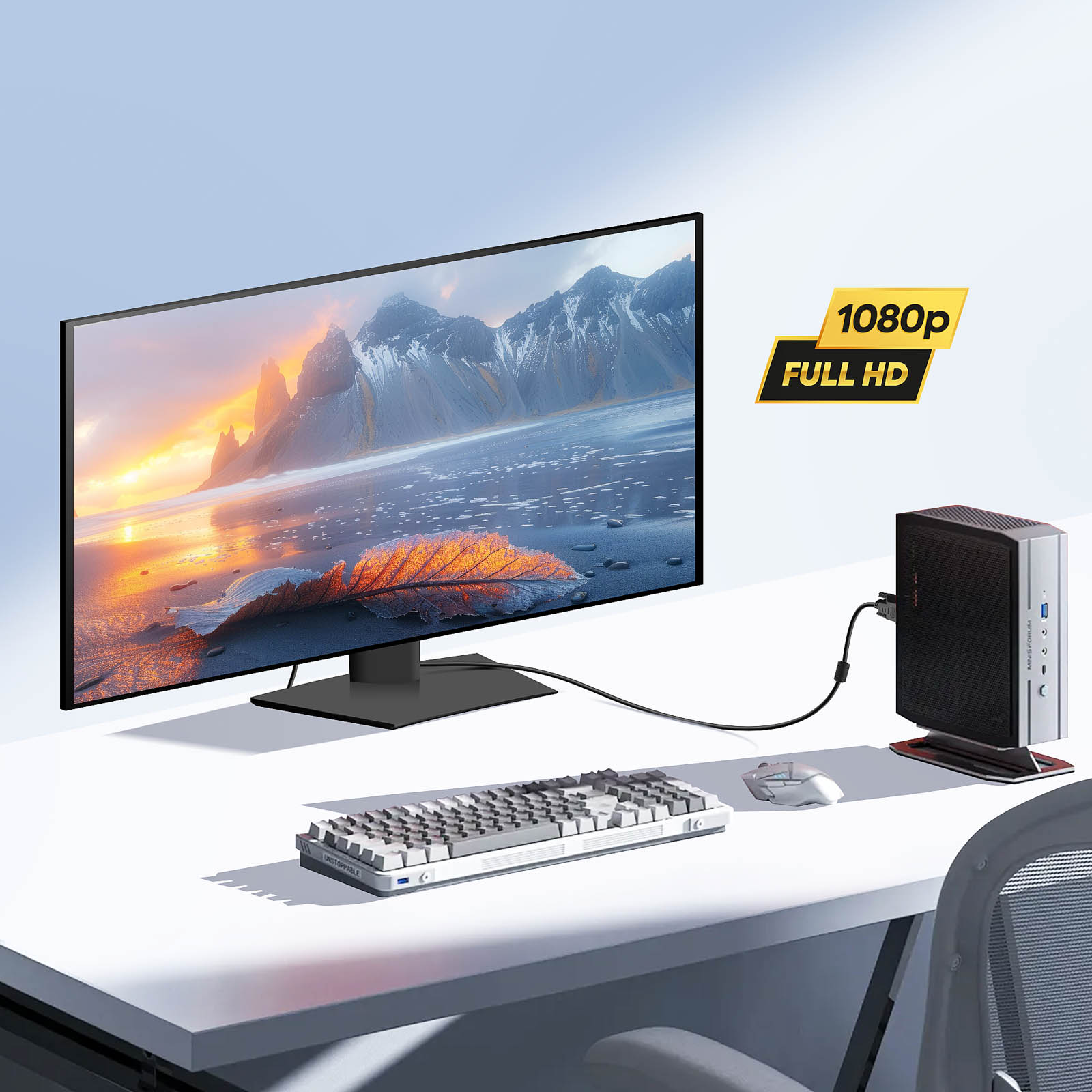 Konfiguracja komputera z monitorem, klawiaturą i małym czarnym komputerem.