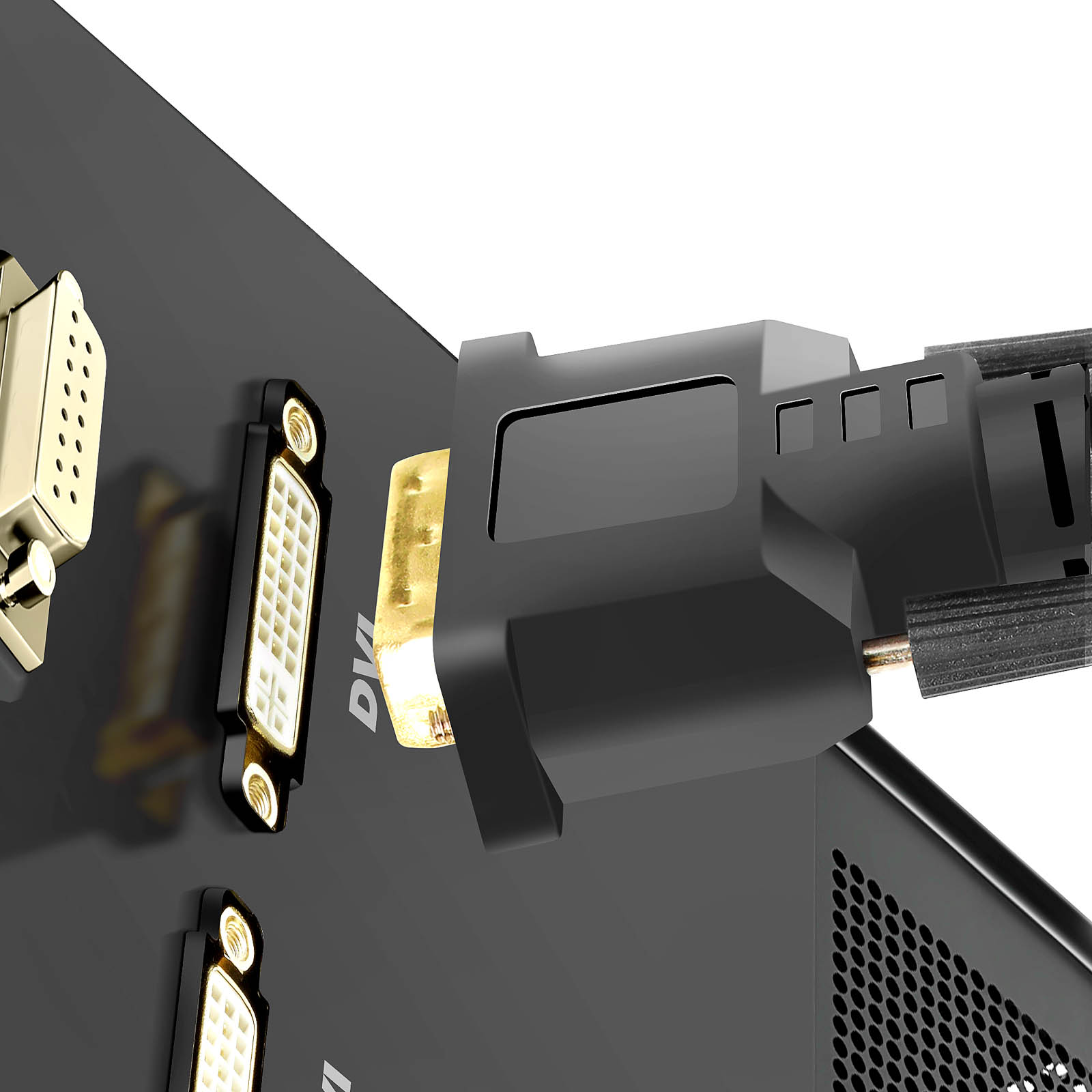 Czarne i złote porty komputerowe. Widoczne porty DVI i inne.