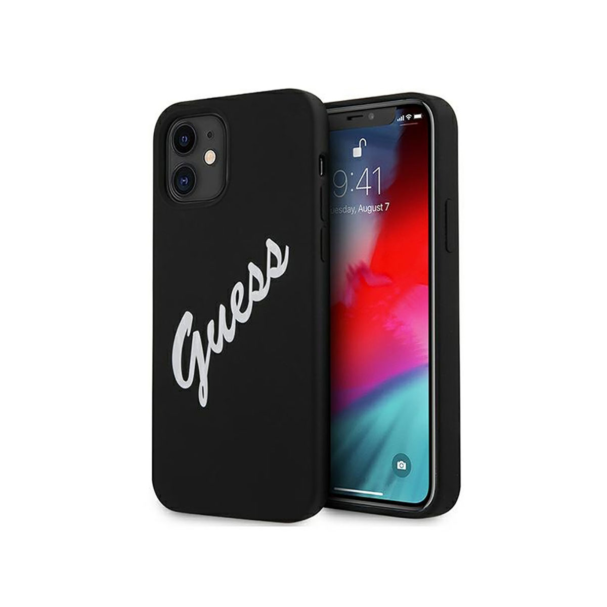 Schwarzes Telefon mit Guess-Logo in Weiß. Der Bildschirm zeigt eine Uhr.
