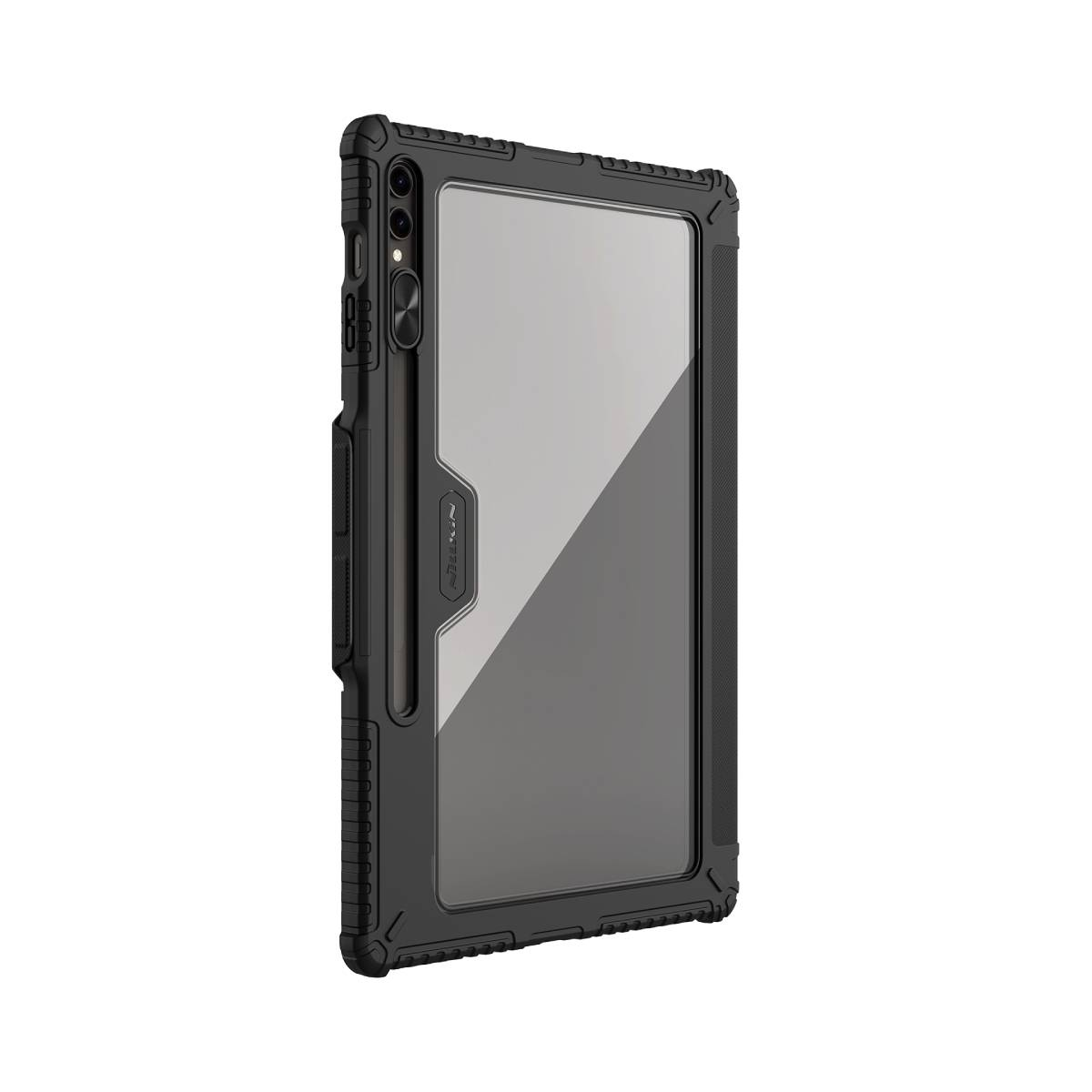 Custodia per tablet nera con schermo trasparente. Portapenna sul lato.