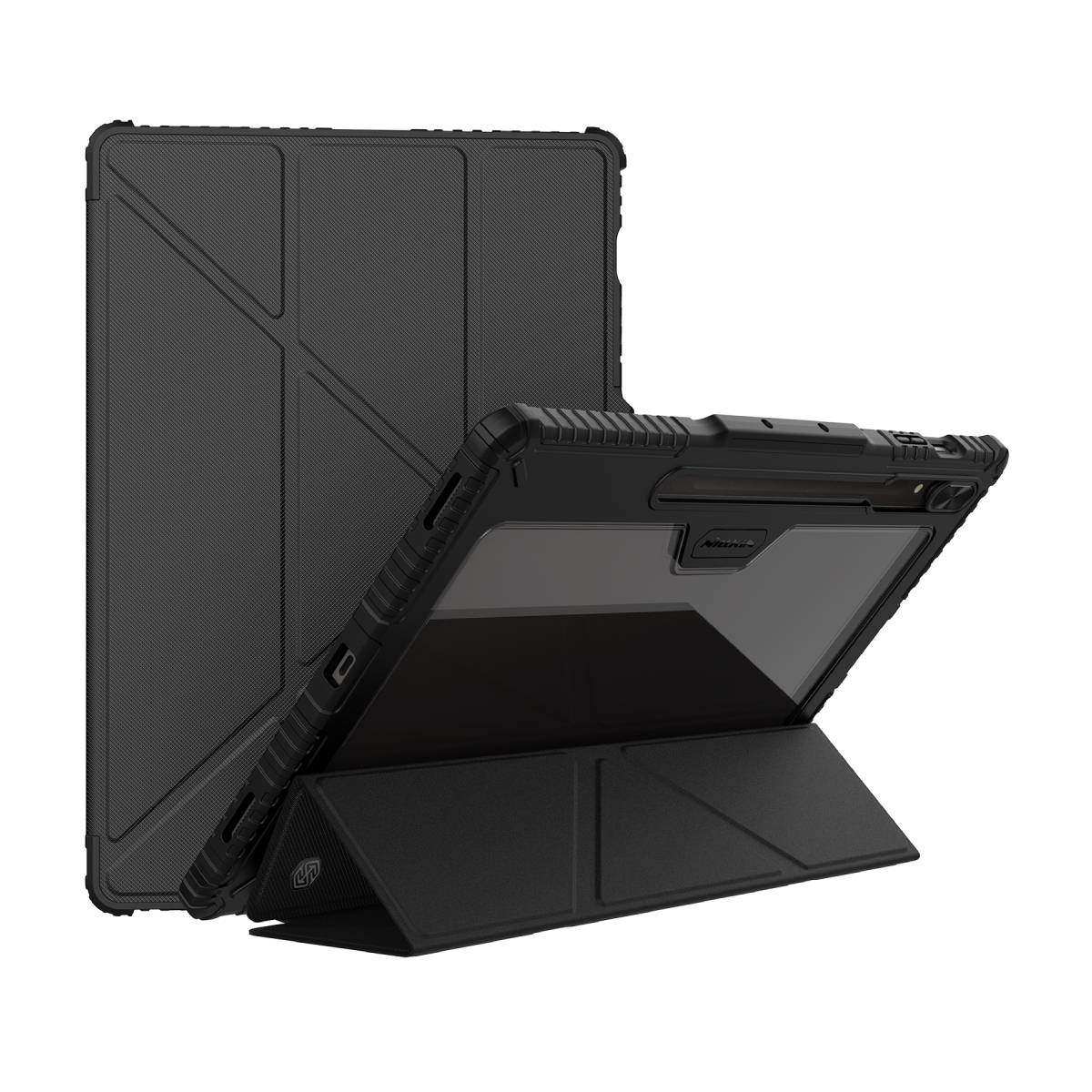 Tablet nero in custodia nera, angolato e sostenuto dalla custodia. La custodia è piegata per supporto.