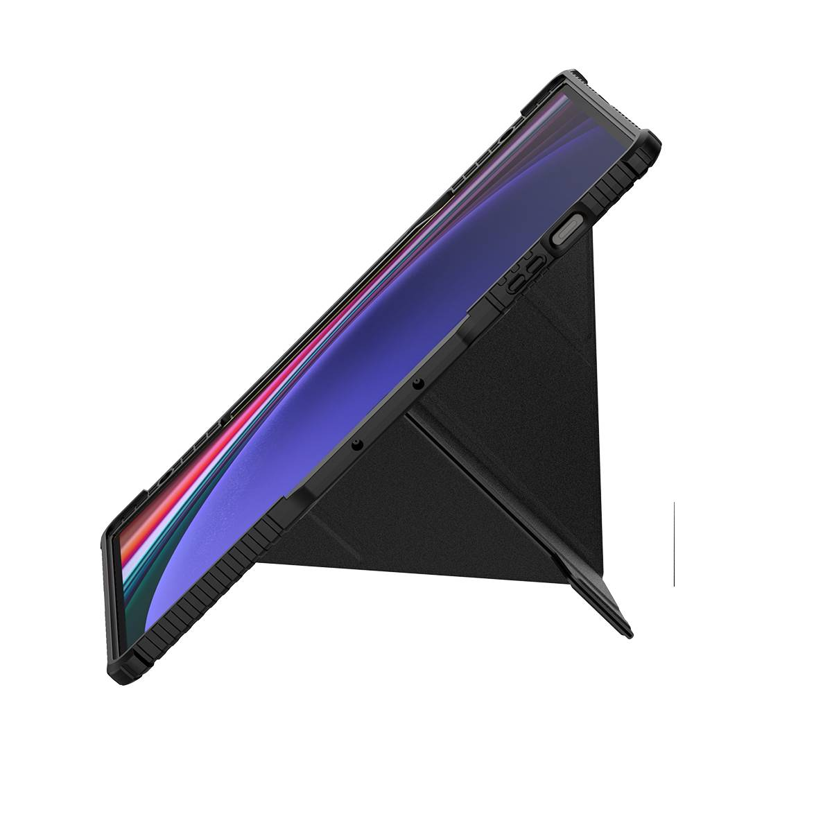Tablet nero in una custodia nera, angolato su una superficie bianca. La custodia è piegata.