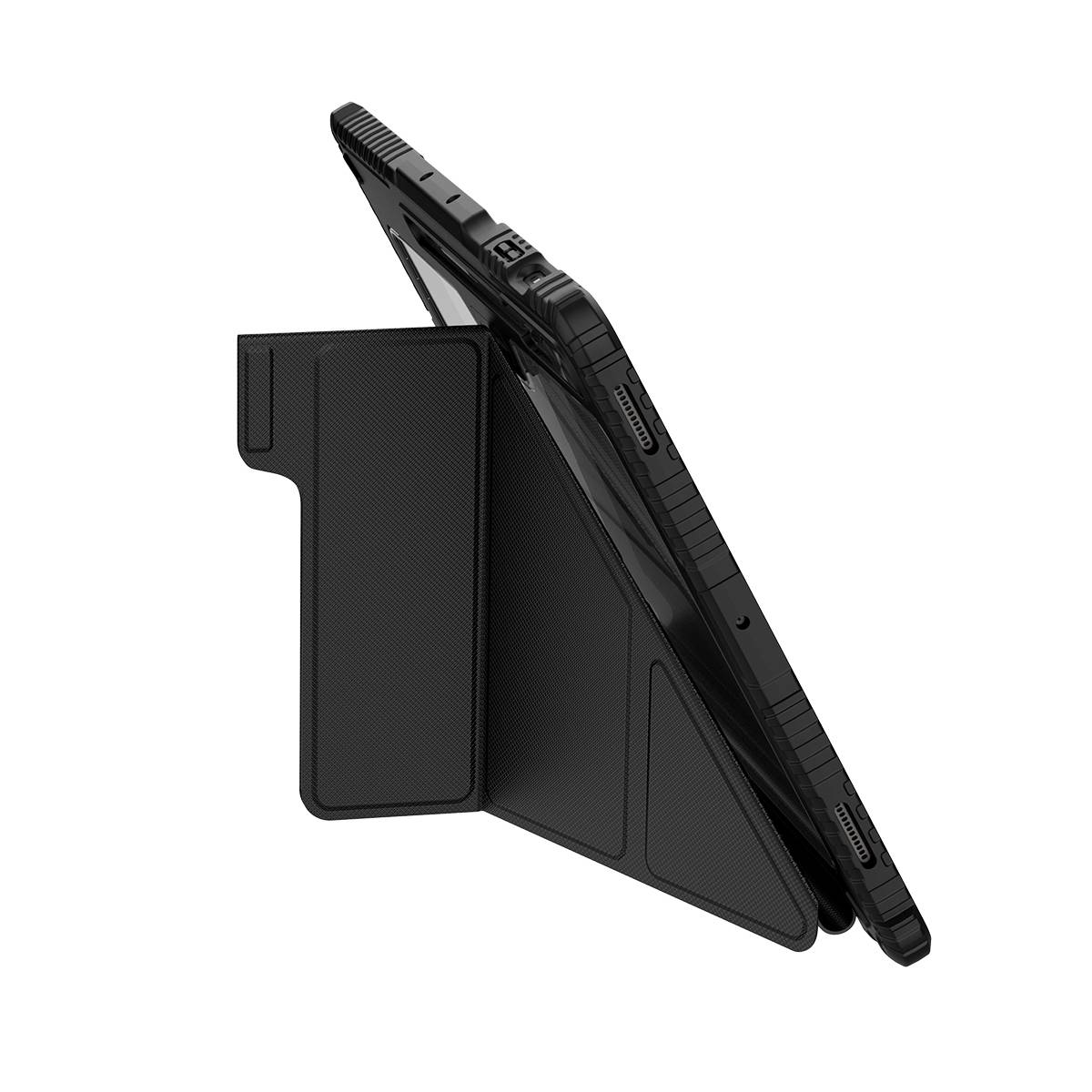 Tablet nero in una custodia nera, angolato di lato. La custodia è piegata per sostenere il tablet.