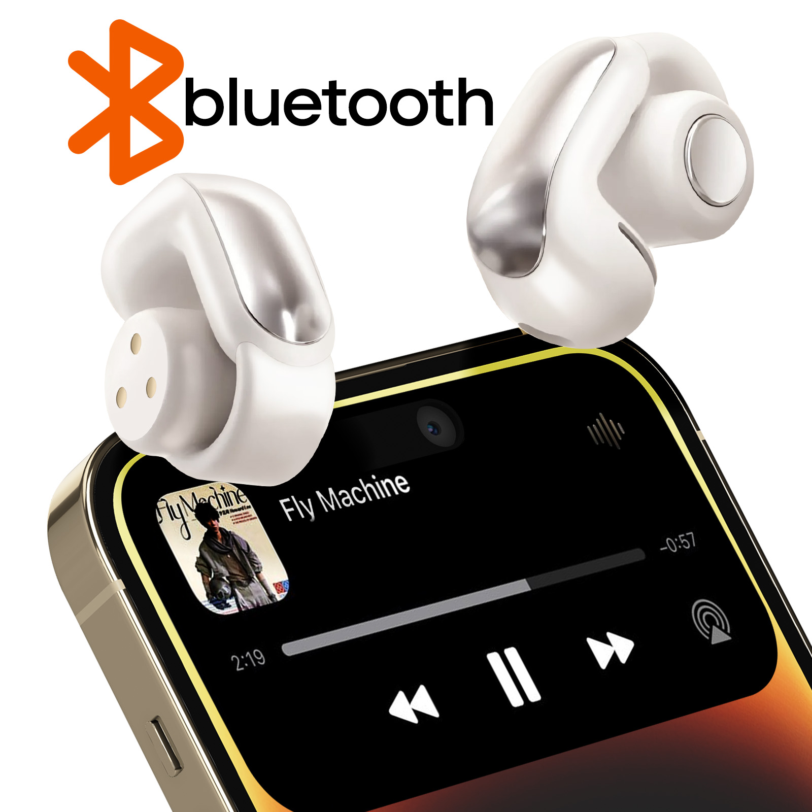 Auricolari wireless bianchi sopra un telefono che riproduce musica. Logo Bluetooth in alto a sinistra.