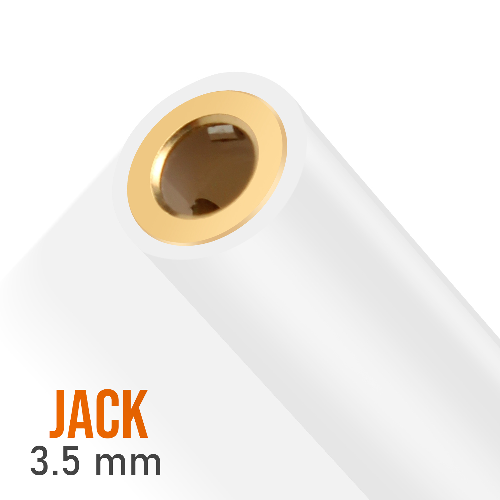 Ein weißer 3,5-mm-Klinkenstecker mit einem goldenen Ring um die Öffnung. Das Wort 'JACK' und '3,5 mm' stehen darunter.
