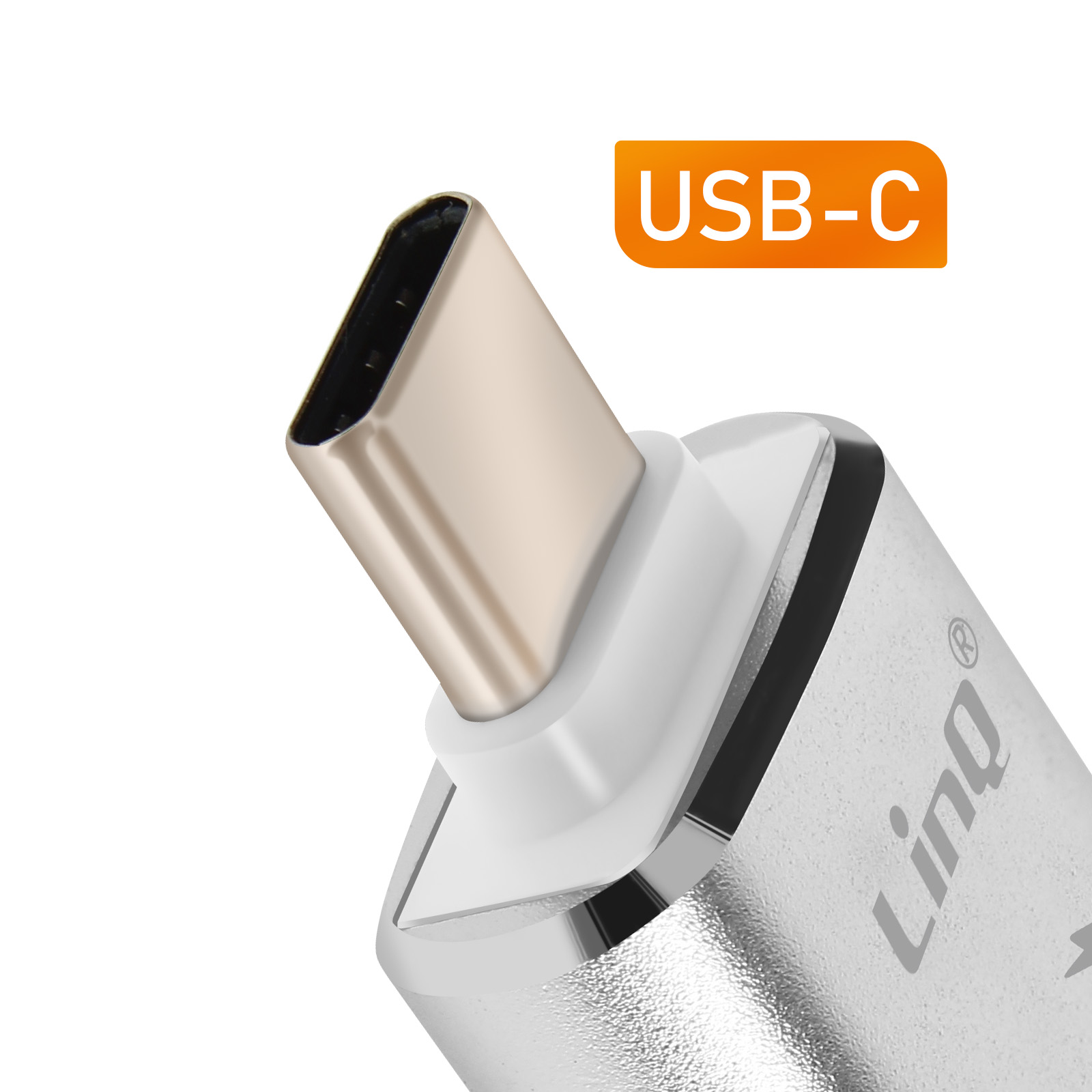Un connettore USB-C argentato. Il connettore ha un corpo argentato e un'estremità dorata. Testo USB-C sopra.