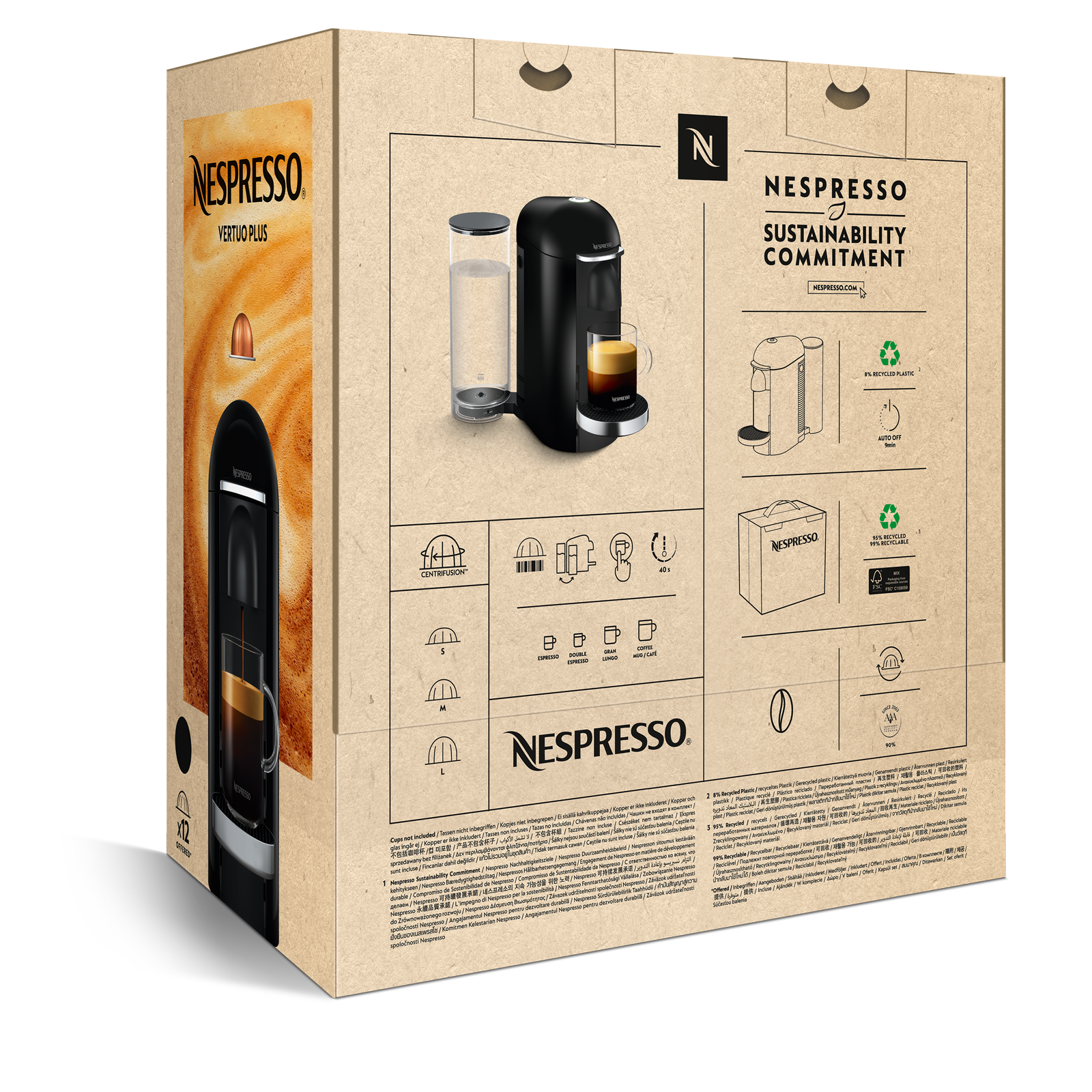 Una scatola della macchina da caffè Nespresso Vertuo Plus. Mostra la macchina, un contenitore d'acqua e una tazza di caffè.