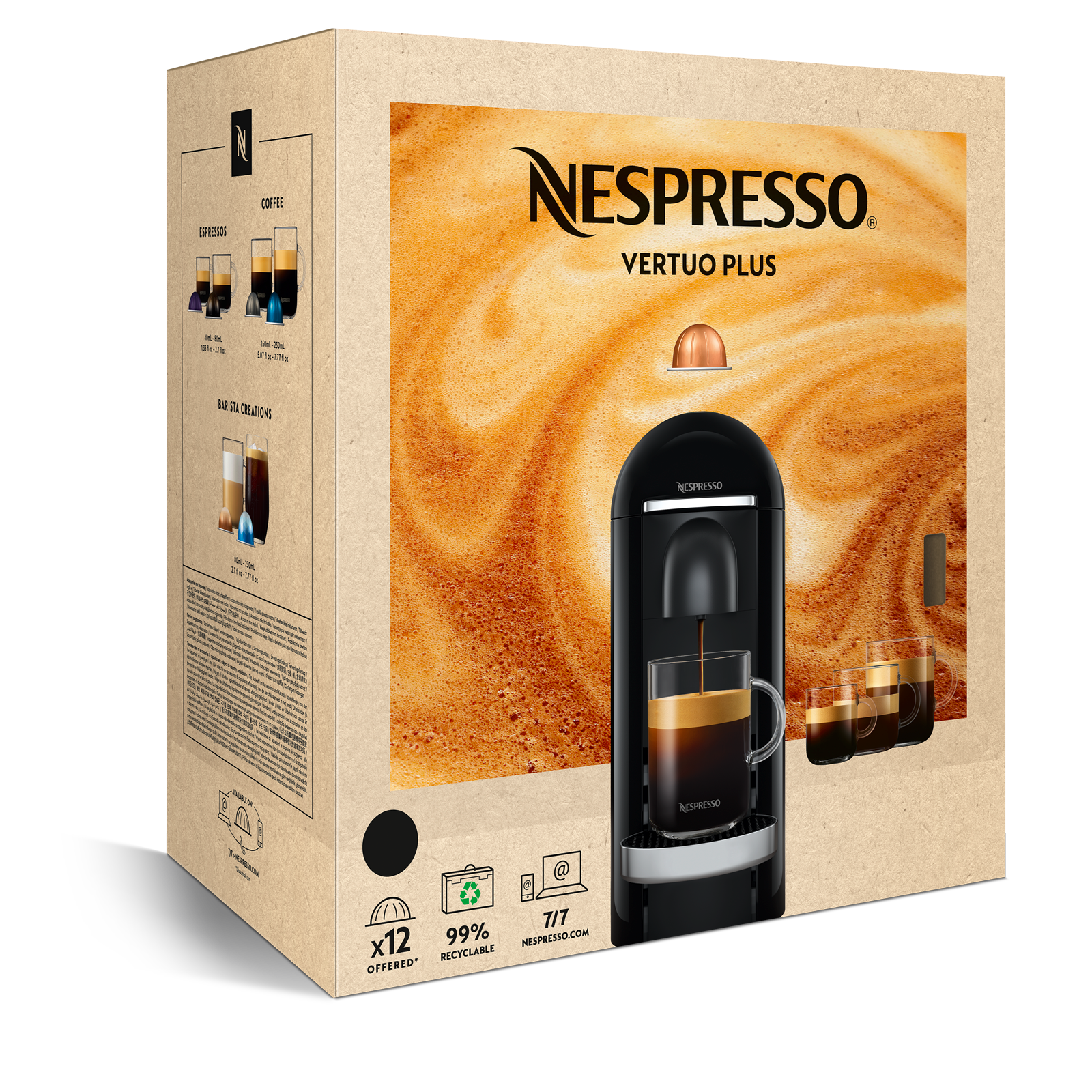 Una scatola della macchina da caffè Nespresso Vertuo Plus che mostra la macchina, il caffè e il marchio su sfondo marrone.