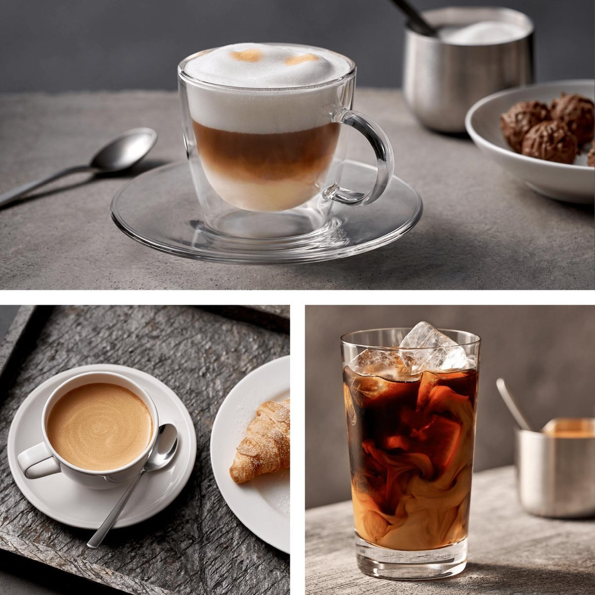 Un collage di bevande al caffè: cappuccino, espresso e caffè freddo, con vari accompagnamenti.