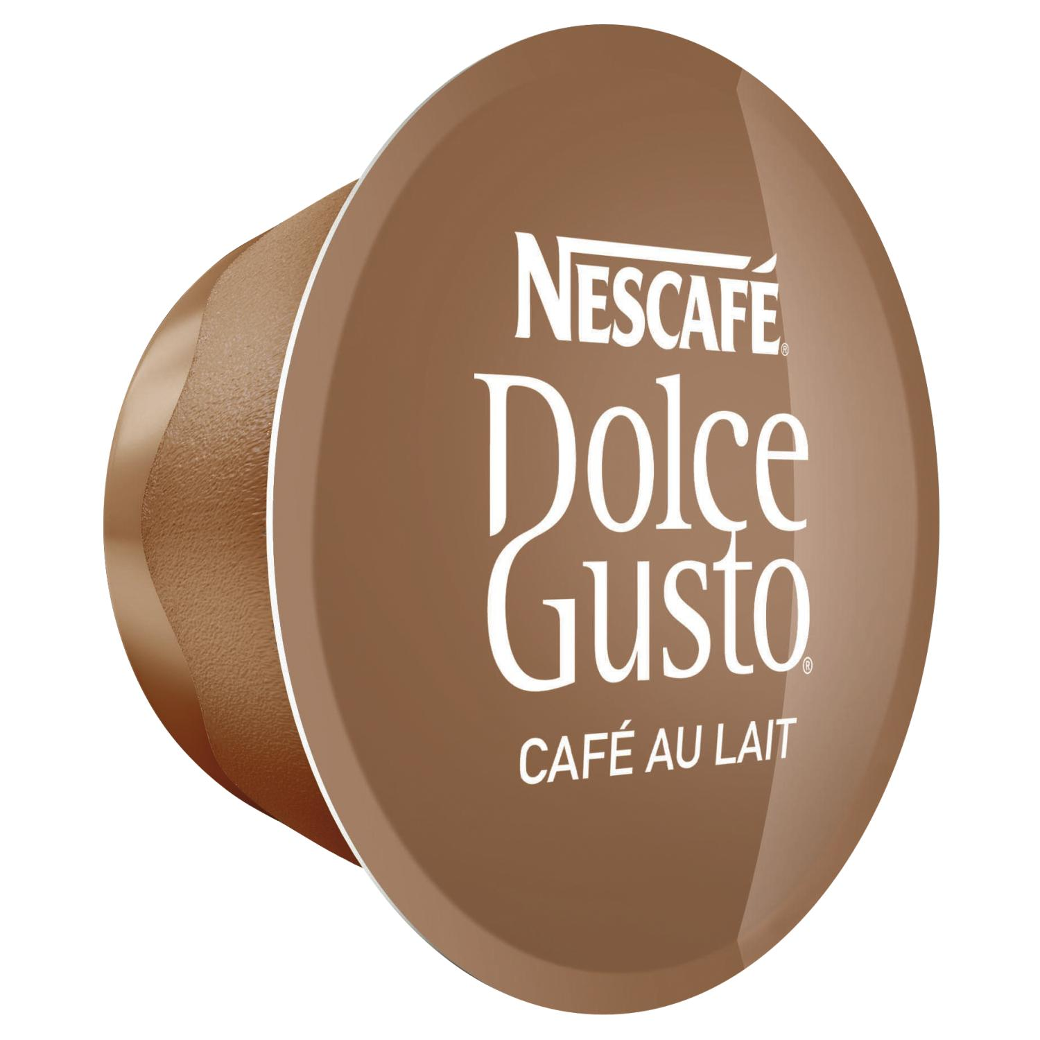 Nahaufnahme einer Nescafé Dolce Gusto Café Au Lait Kaffeekapsel. Die Kapsel ist braun.
