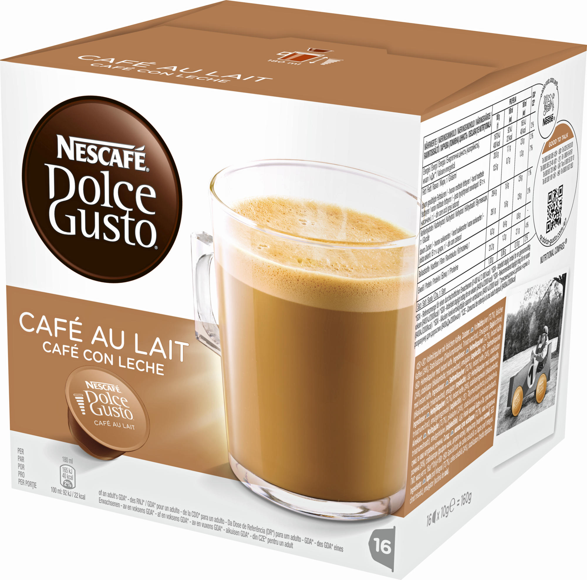 Eine Schachtel Nescafé Dolce Gusto Café Au Lait, mit einer Tasse Kaffee davor.