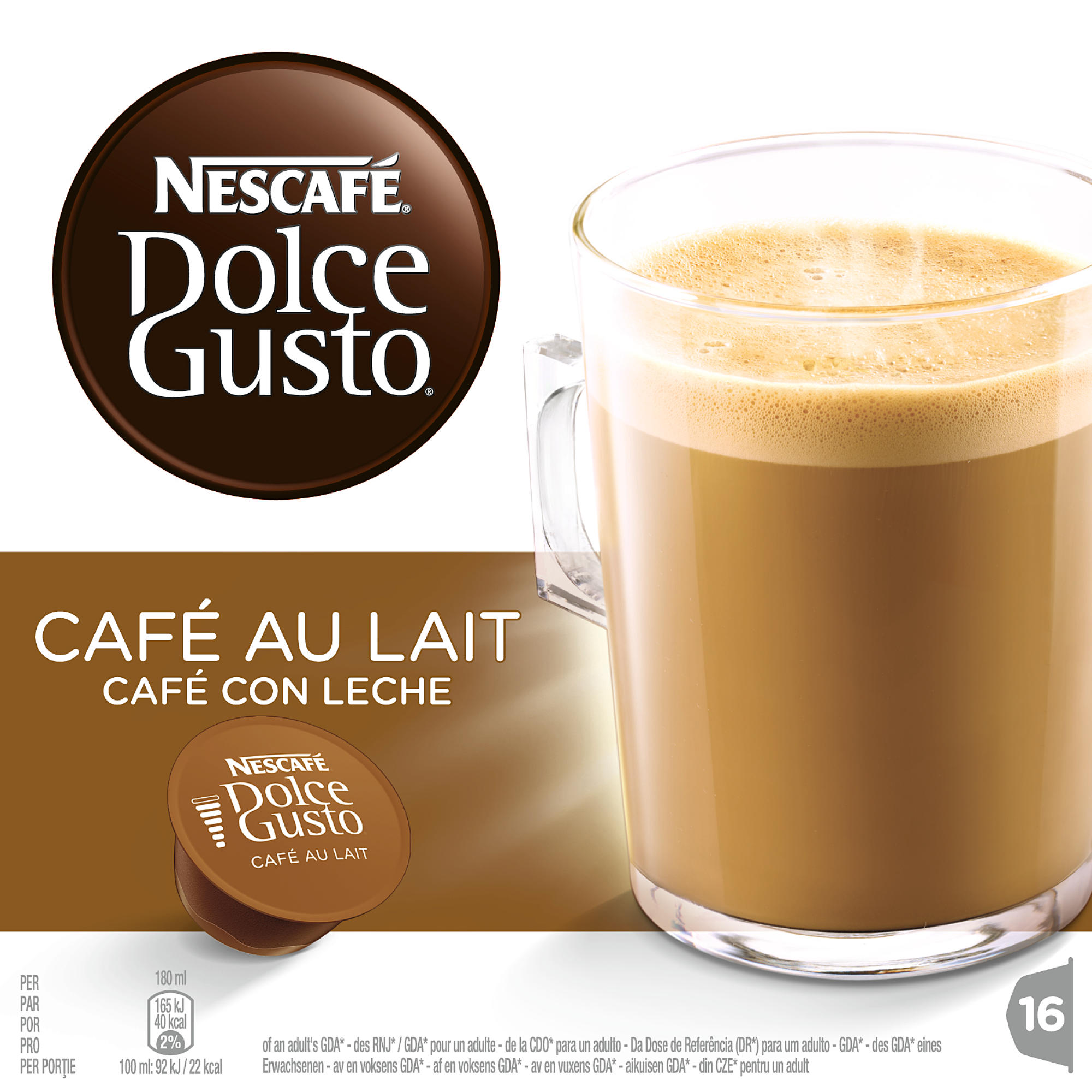 Eine Dolce Gusto Kaffeekapsel und ein Glas mit Kaffee und Schaum neben einer Kaffeeverpackung.